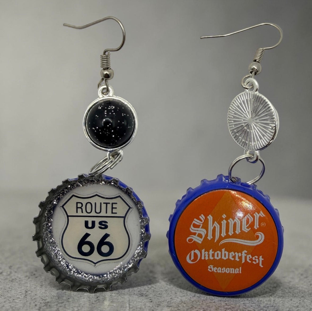 Upcycled Route 66 Shiner Bock Oktoberfest Beer Cap Earrings
