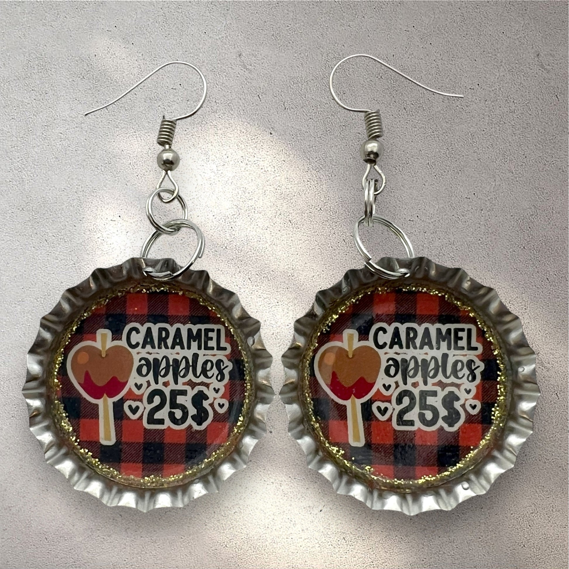 Caramel Apple Earrings – Fall Bottle Cap Jewelry with Buffalo Plaid & Glitter