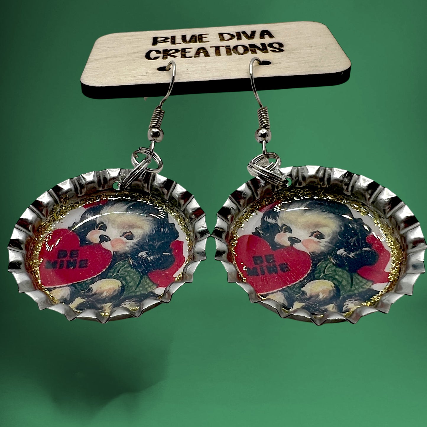 Vintage Valentine Puppy Bottle Cap Earrings