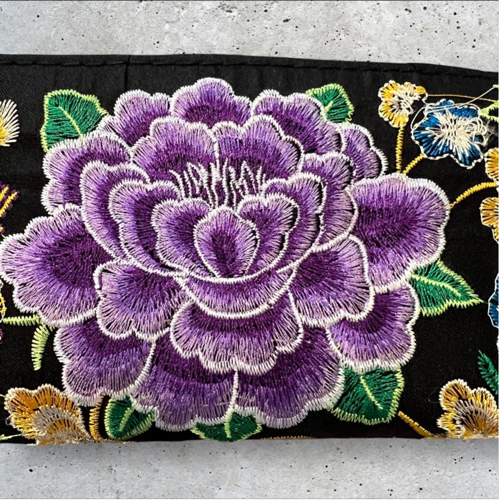 Purple Embroidered Floral Black 8x4 Zip Around Wallet