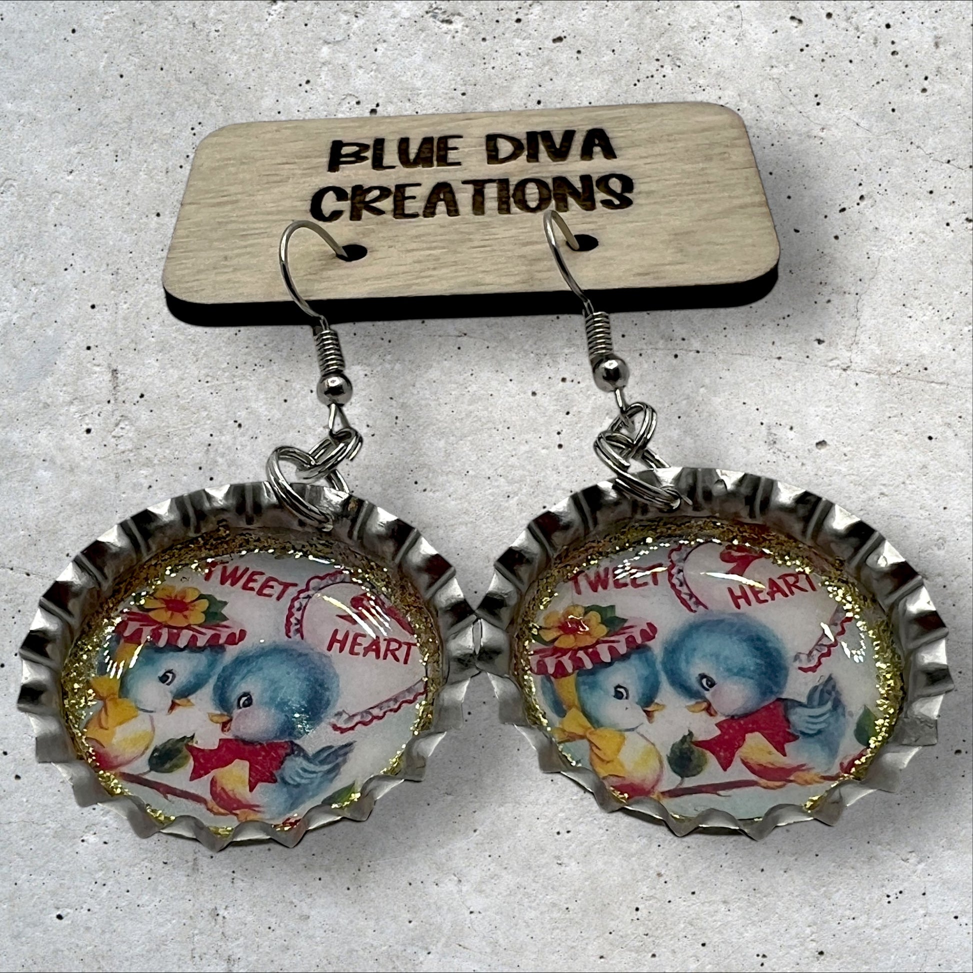 Valentine theme bottle cap earrings featuring vintage little bluebirds