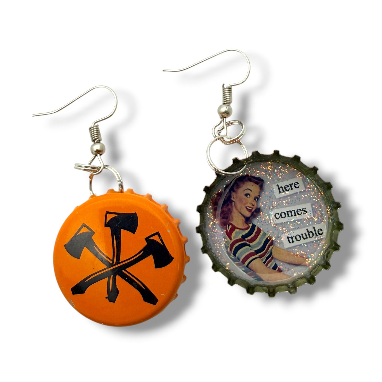 Retro Pin Up Bottle Cap Earrings – Rockabilly Statement Jewelry