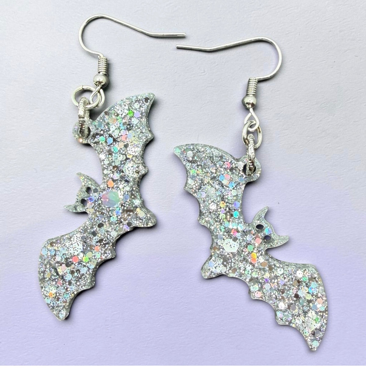 Silver Holographic Glitter Bat Earrings