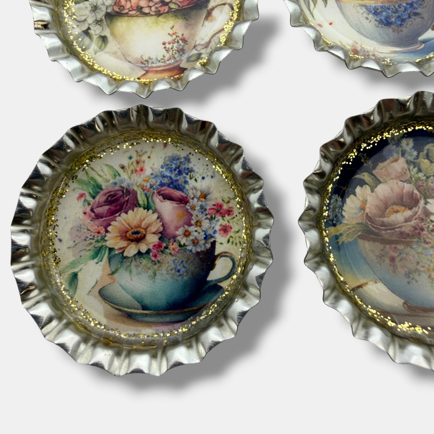 Floral Teacup Bottle Cap Magnet Set