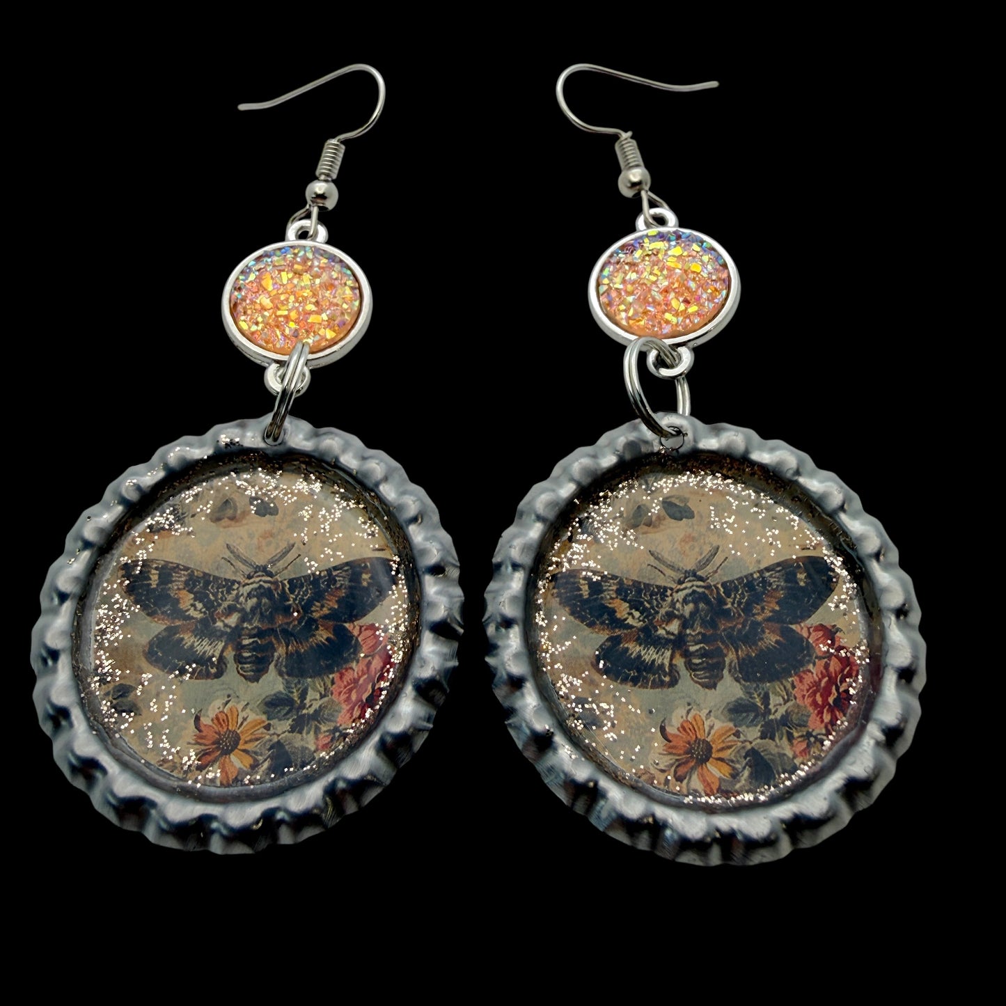 Vintage Moth Bottle Cap Earrings with Peach Druzy Dangle