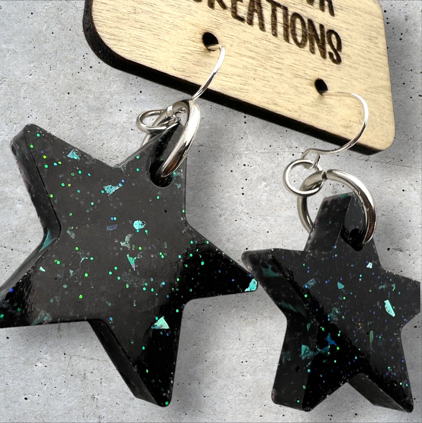 Cosmic Black & Teal Glitter 1” Star Resin Earrings