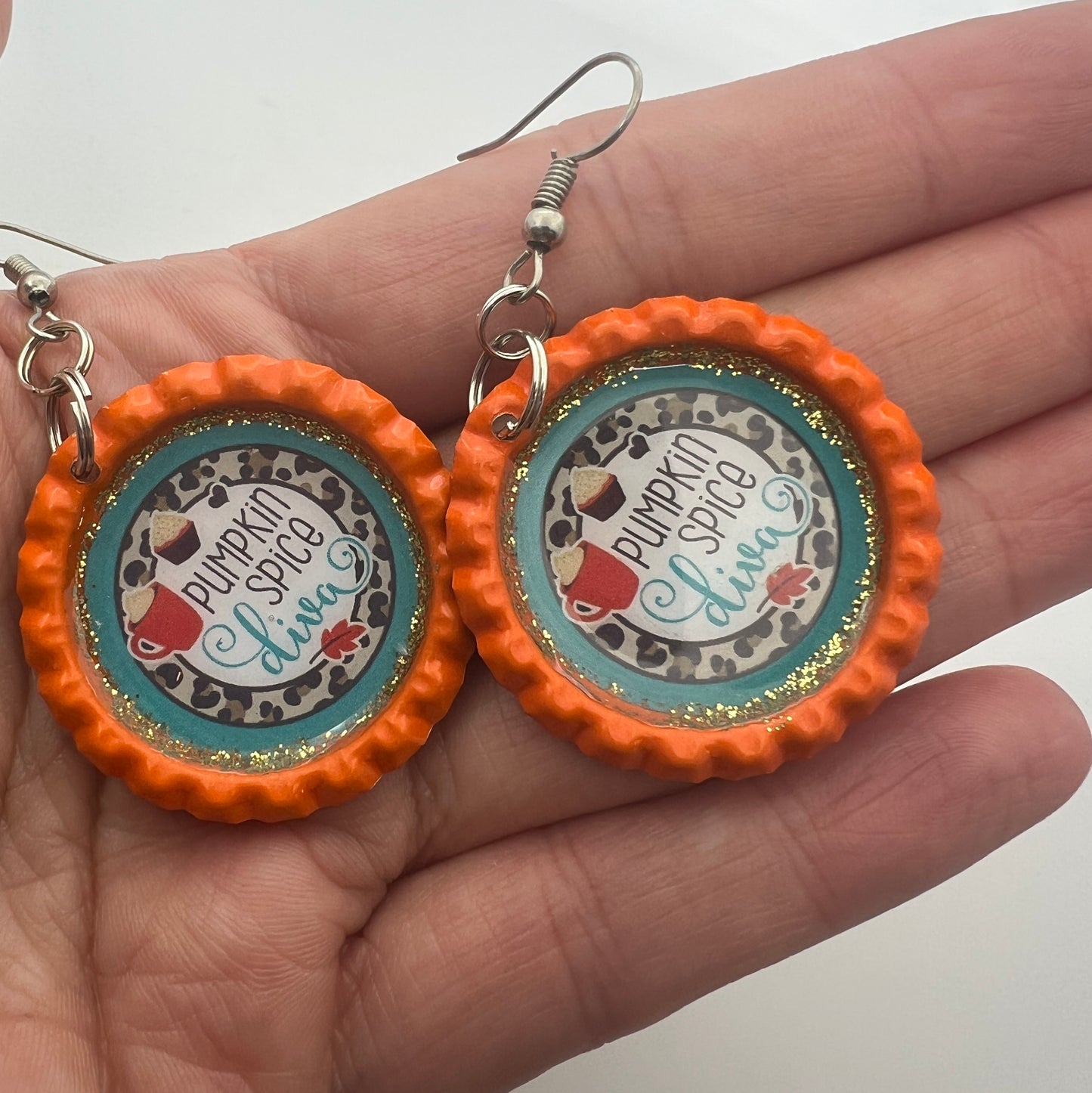 Pumpkin Spice Diva Earrings – Fall Coffee Lover Bottle Cap Jewelry