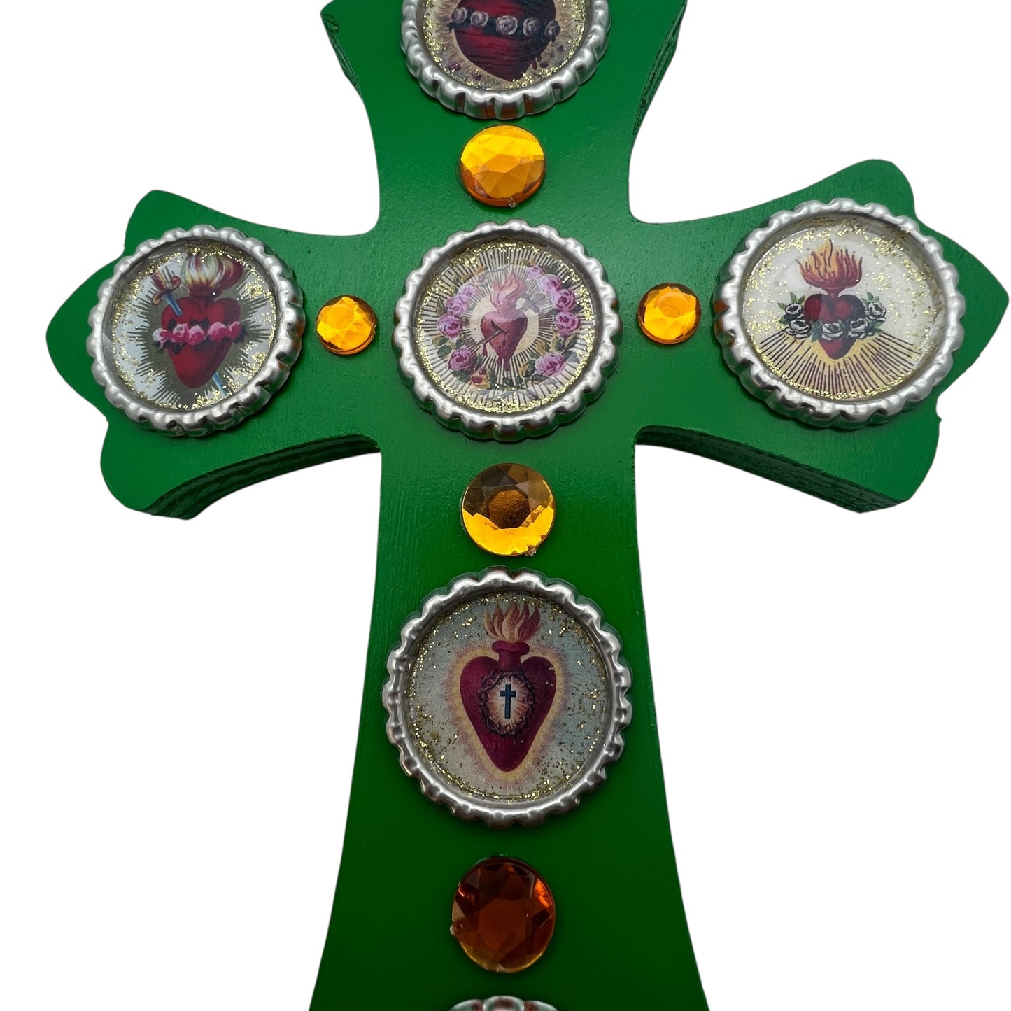Sacred Heart Wooden Cross – 8” Green Folk Art Cross with Bottle Cap Resin Images & Rhinestones