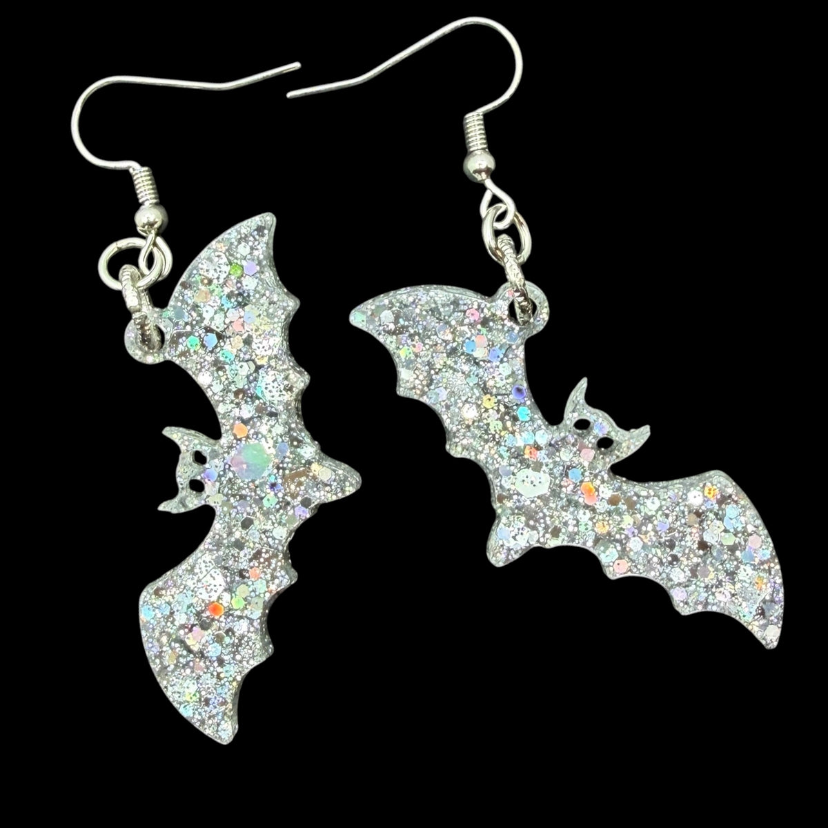 Silver Holographic Glitter Bat Earrings