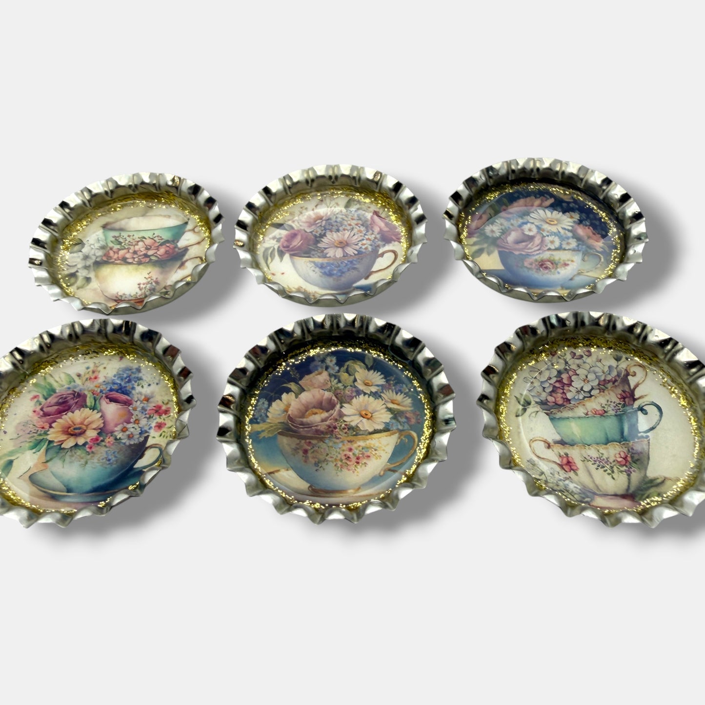 Floral Teacup Bottle Cap Magnet Set