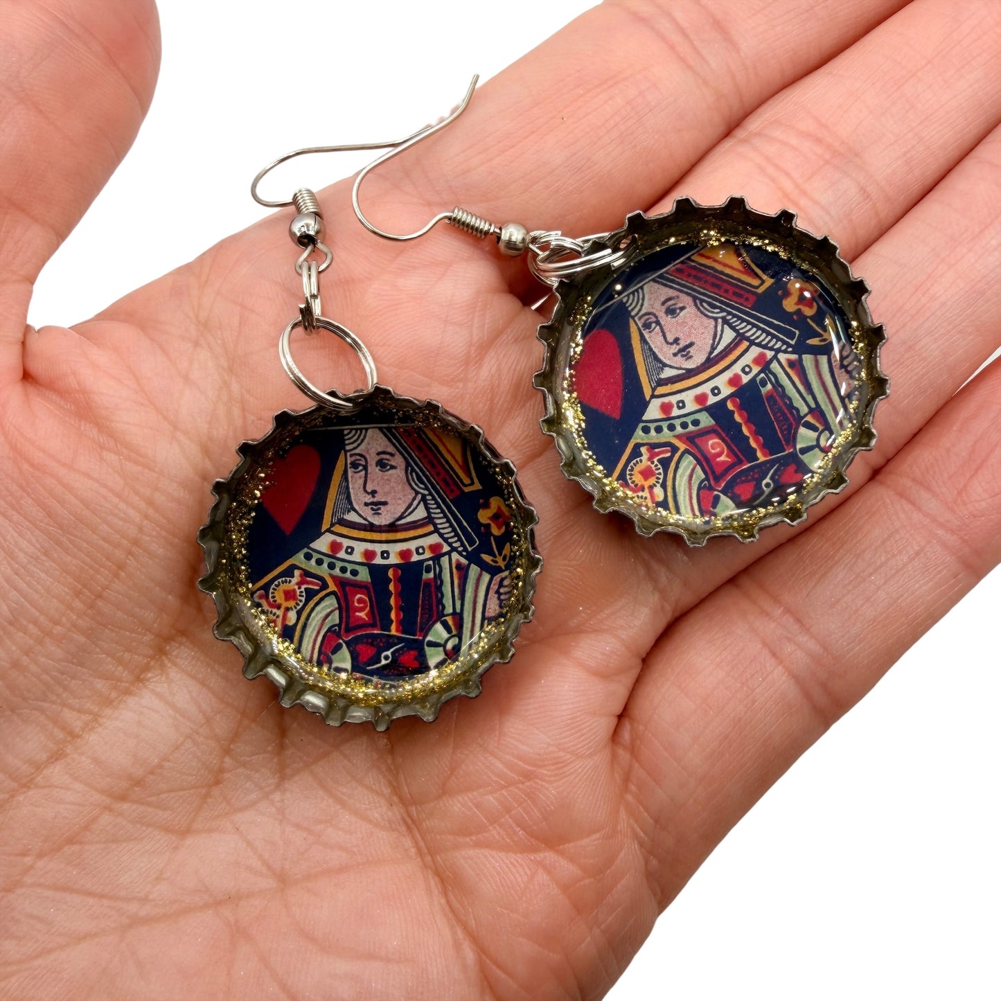 Upcycled Shiner Bottle Cap Queen of Hearts Earrings
