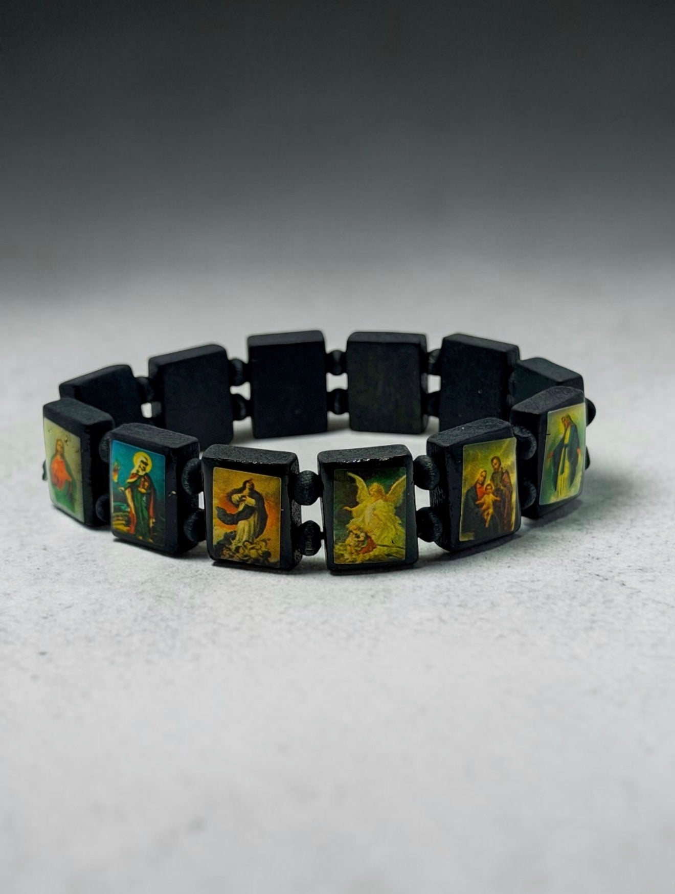 Catholic Saints Icon Stretch Bracelet – Black Wood Religious Jewelry
