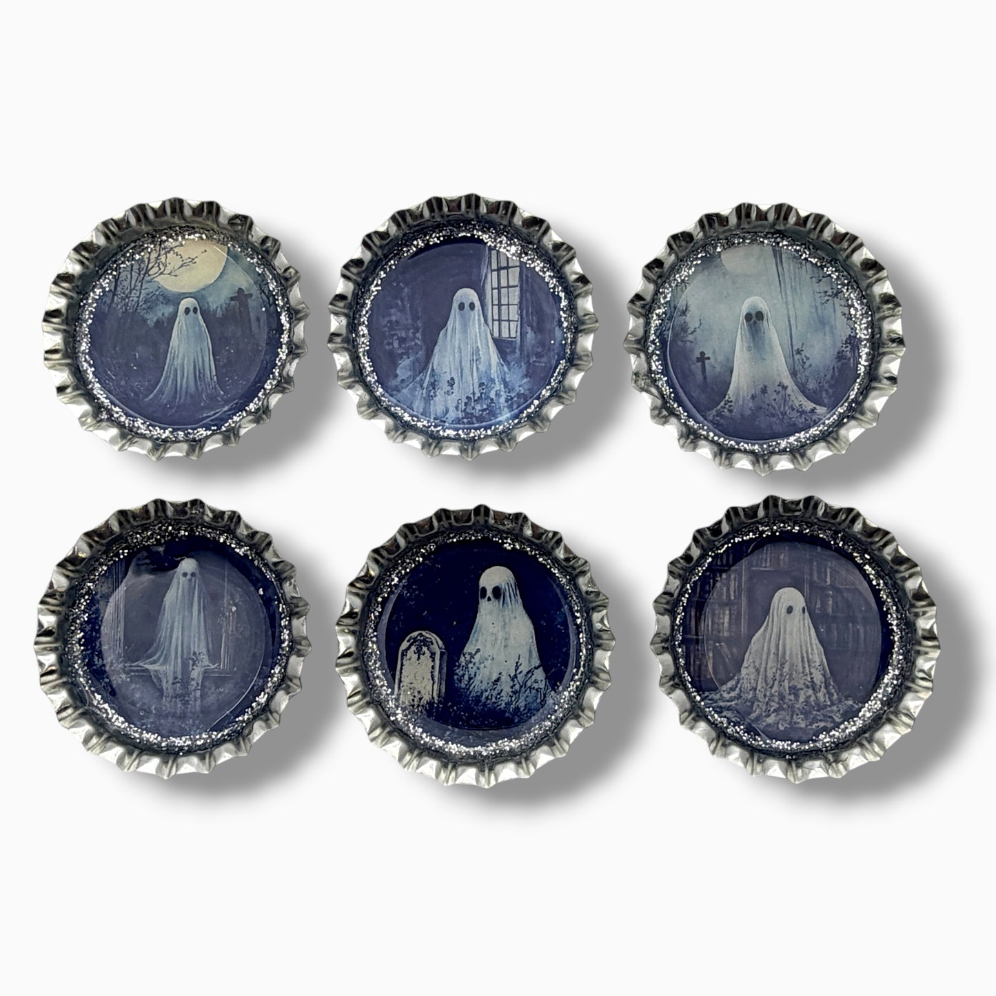 Spooky Ghost Bottle Cap Magnet Set