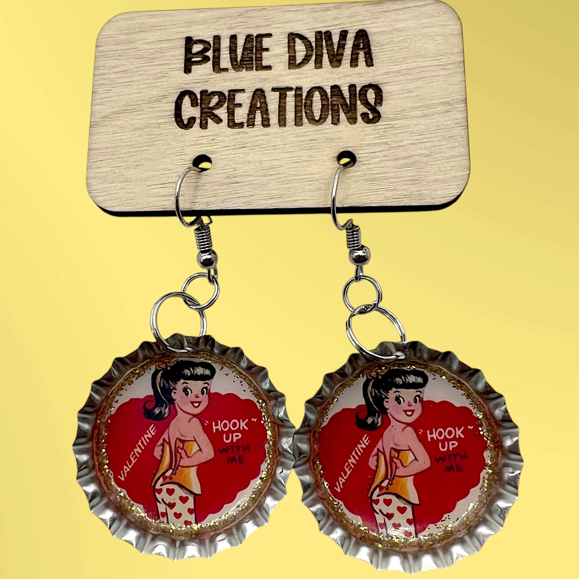 Vintage Valentine Let’s Hook Up Bottle Cap Earrings, Retro Jewelry