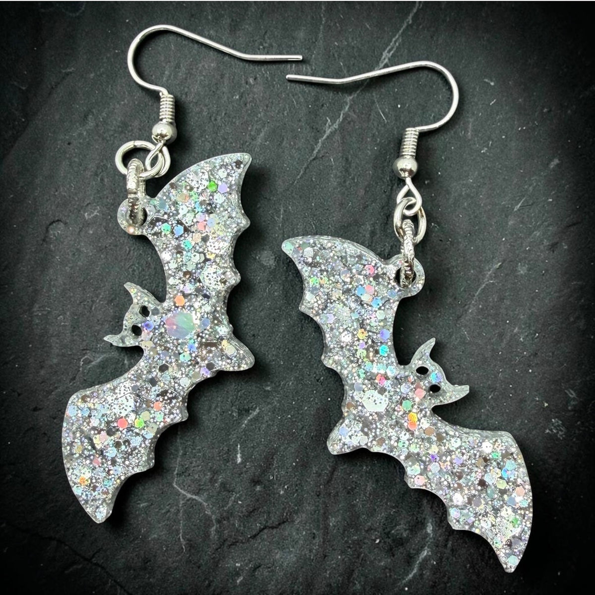 Silver Holographic Glitter Bat Earrings