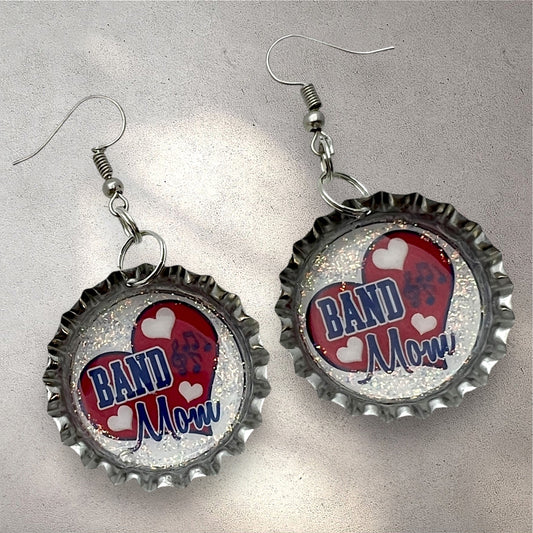 Blue & Red Band Mom Bottle Cap Earrings – Glitter Heart Music Note Dangle Jewelry