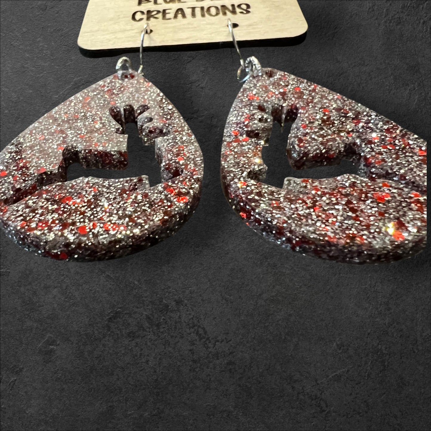 Silver and Red Glitter Reindeer Resin Teardrop Earrings