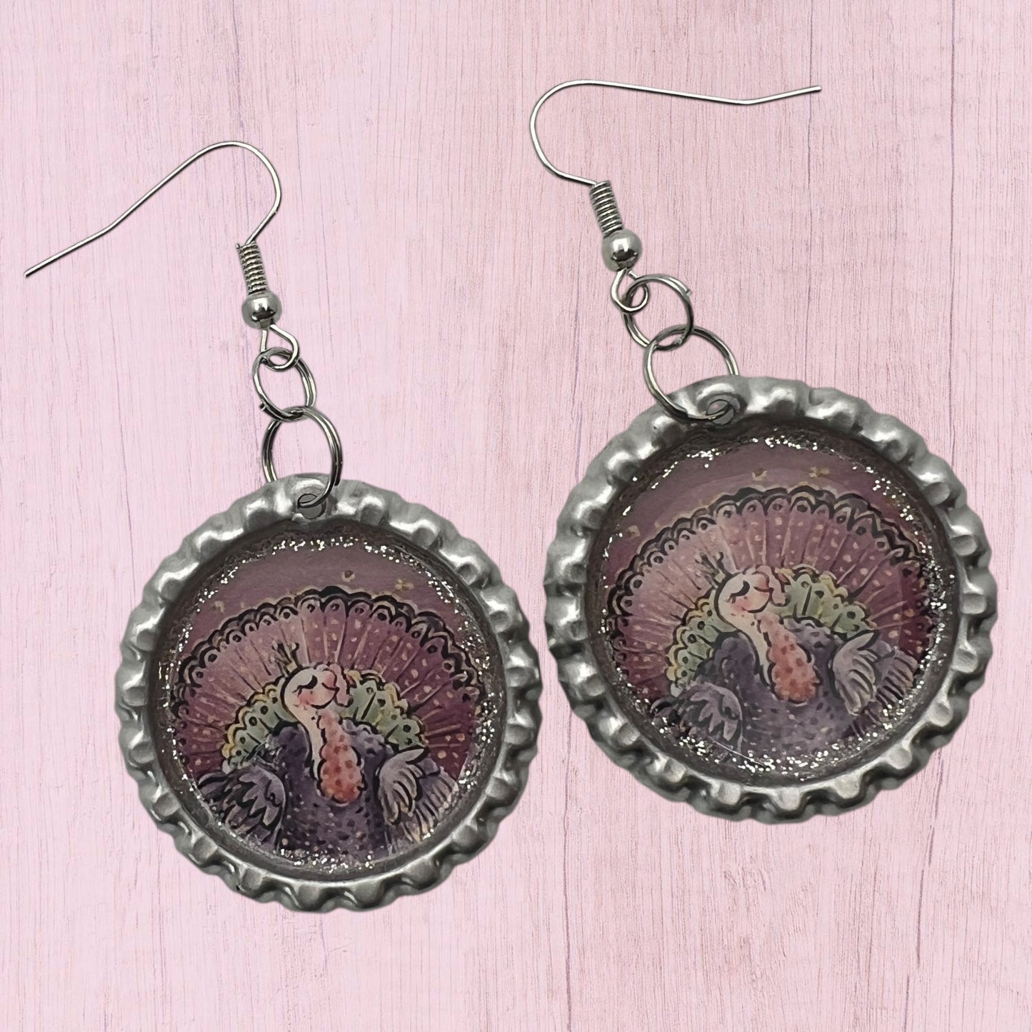 Purple Turkey Bottle Cap Earrings