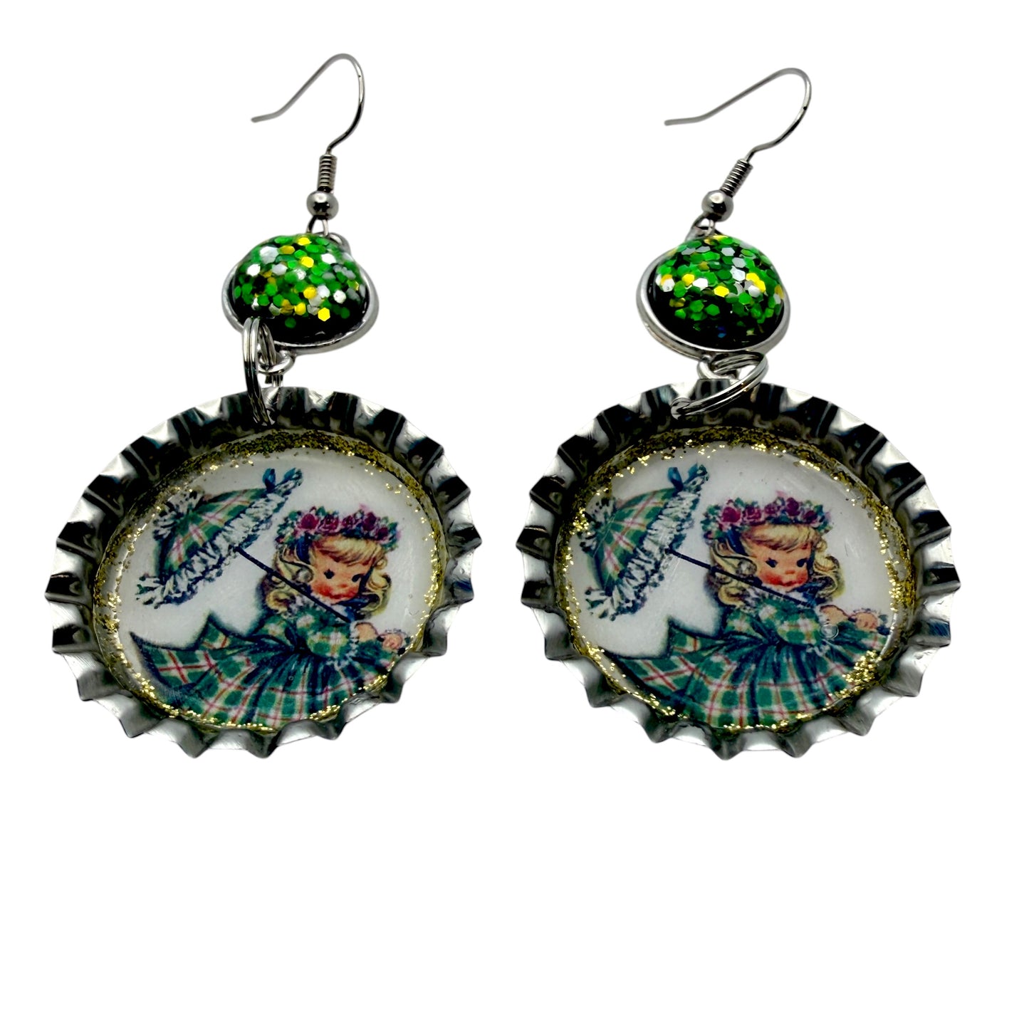 Retro Girl with Umbrella St. Patrick’s Day Bottle Cap Earrings