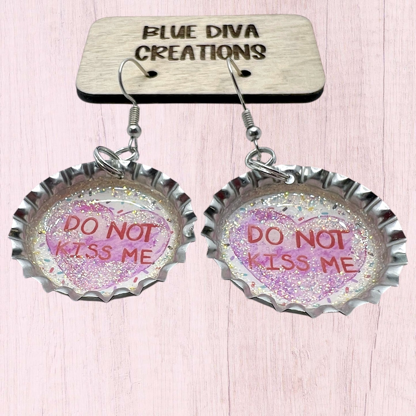 Valentine “Do Not Kiss Me” Bottle Cap Earrings