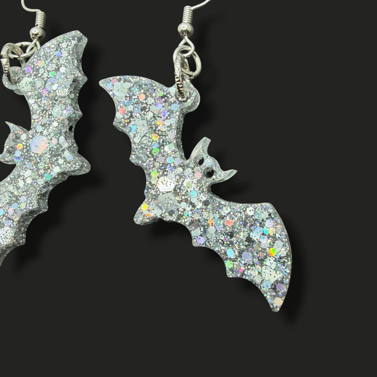 Silver Holographic Glitter Bat Earrings