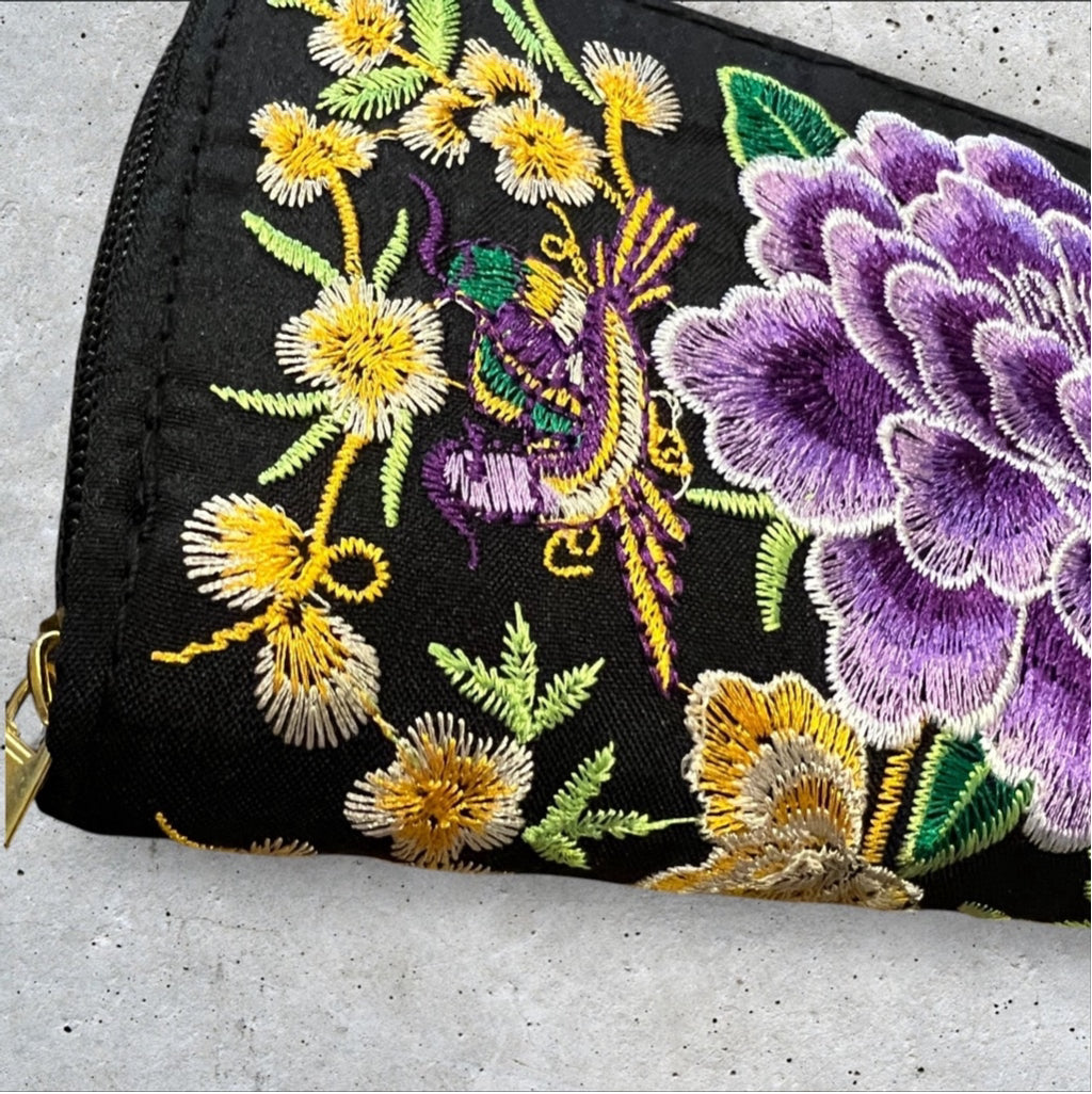 Purple Embroidered Floral Black 8x4 Zip Around Wallet