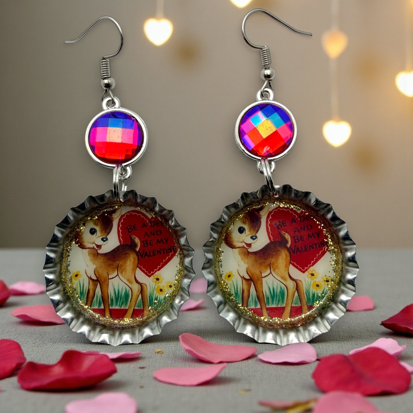 Vintage Valentine Deer Bottle Cap Dangle Earrings