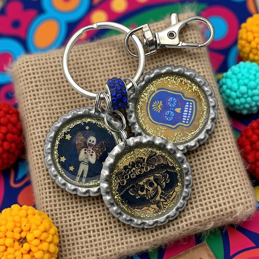 Day of the Dead Bottle Cap Keychain – Resin Calavera, La Catrina & Skeleton Angel
