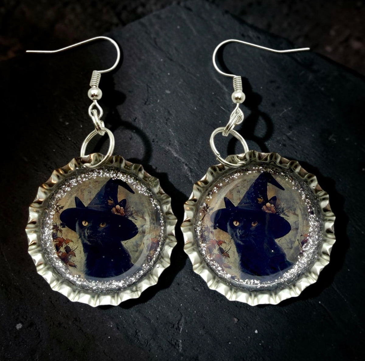 Black Cat Witch Bottle Cap Earrings