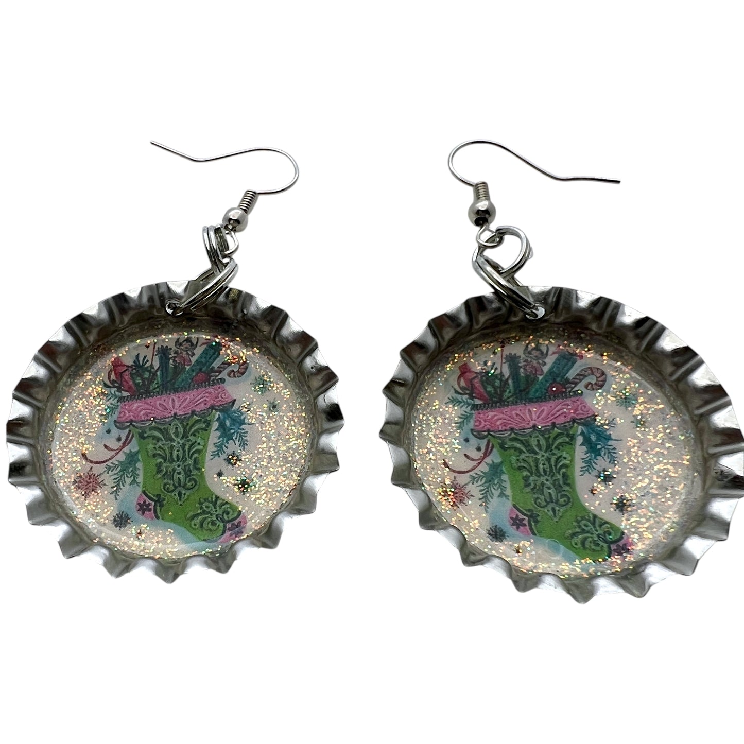Christmas Stocking Bottle Cap Earrings