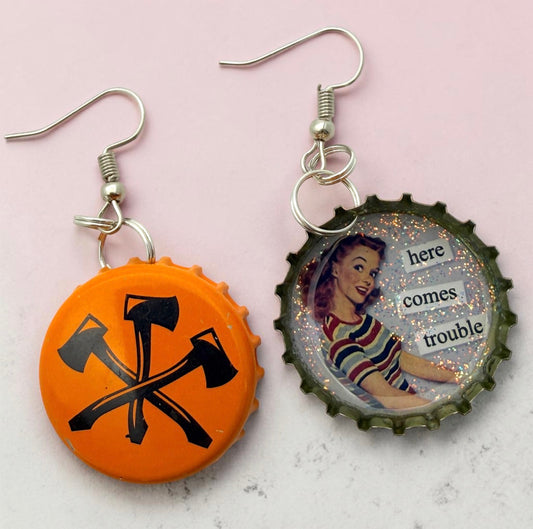 Retro Pin Up Bottle Cap Earrings – Rockabilly Statement Jewelry