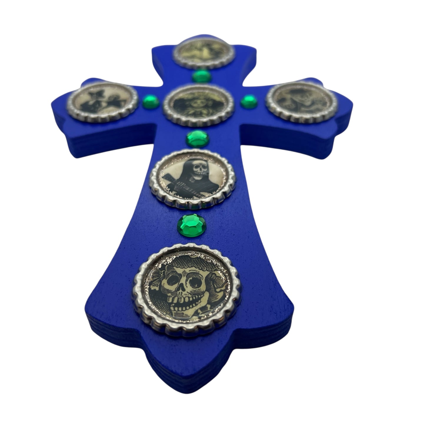 Blue Wooden Cross with Bottle Cap Calavera Art – Día de los Muertos Wall Décor