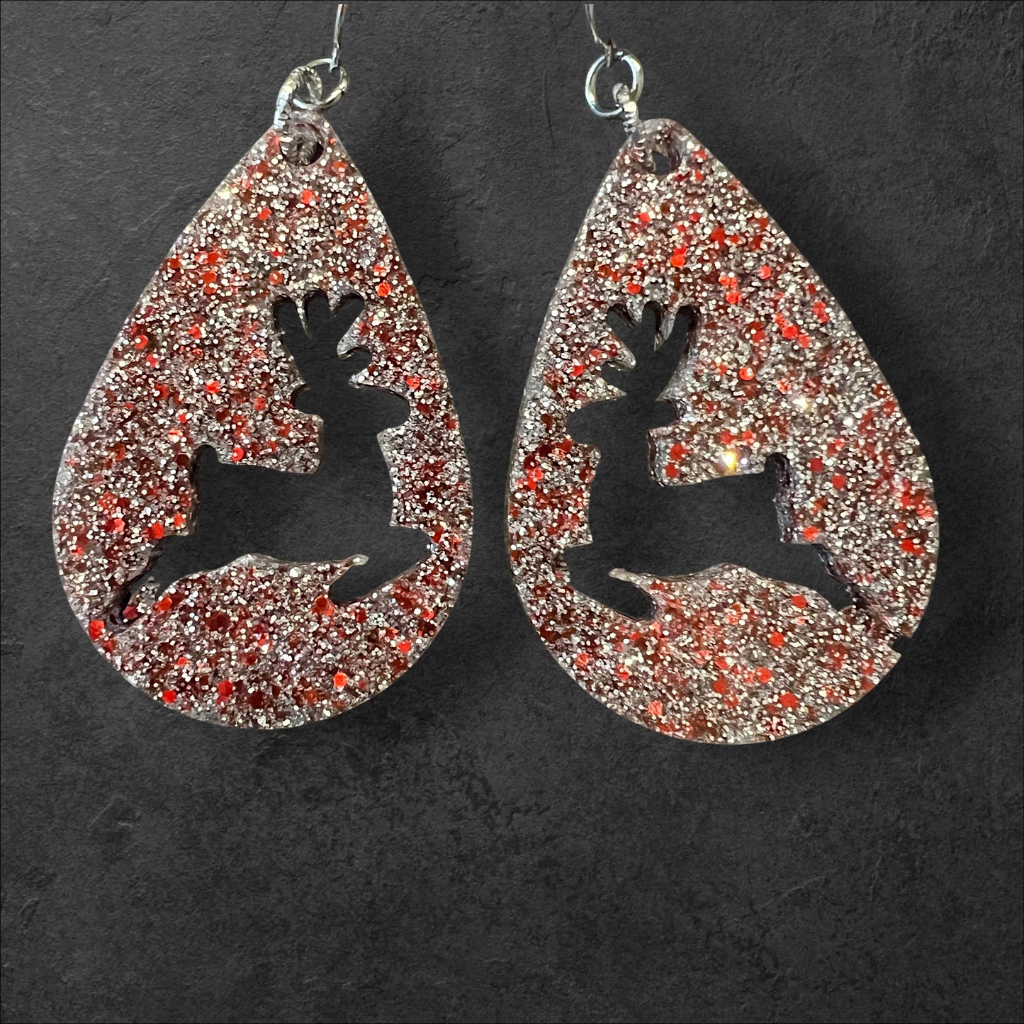 Silver and Red Glitter Reindeer Resin Teardrop Earrings