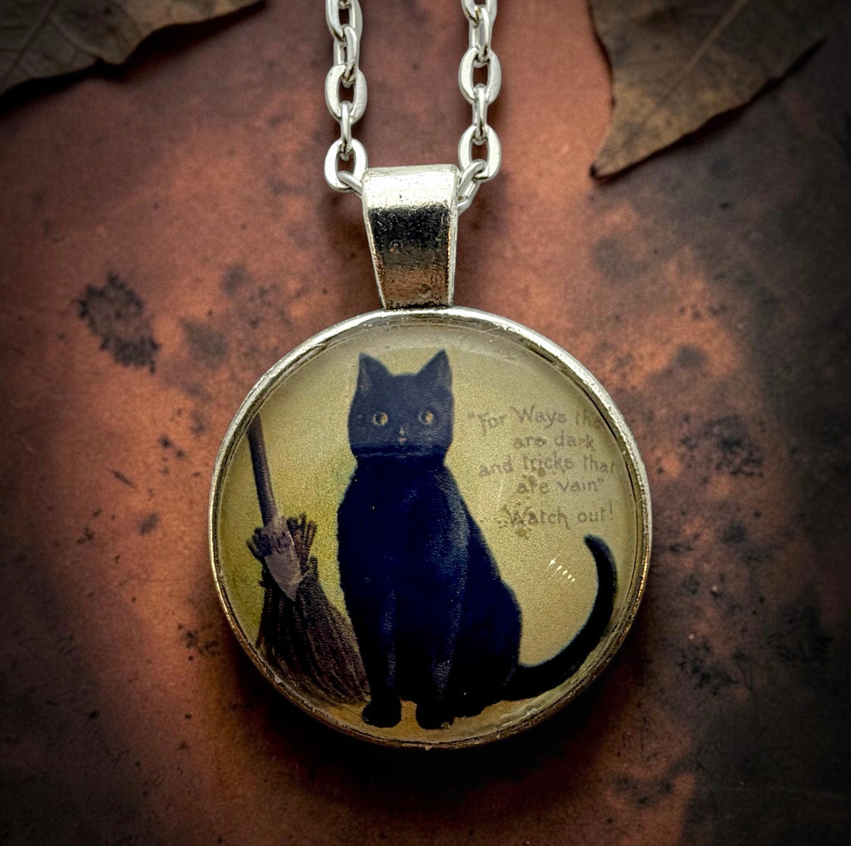 Black Cat Witch Necklace – Vintage Halloween Pendant, 24” Chain