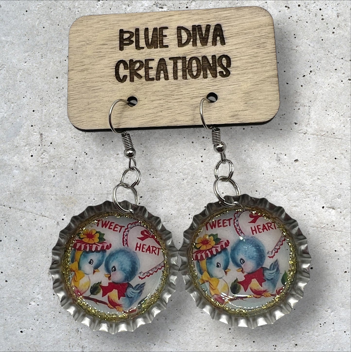 Valentine theme bottle cap earrings featuring vintage little bluebirds