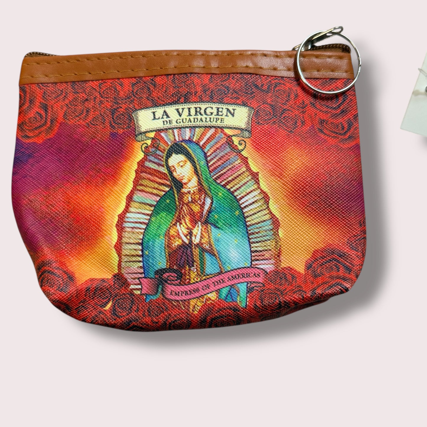 Virgen de Guadalupe Coin Pouch Zip Wallet with Keyring – Red Rose Design