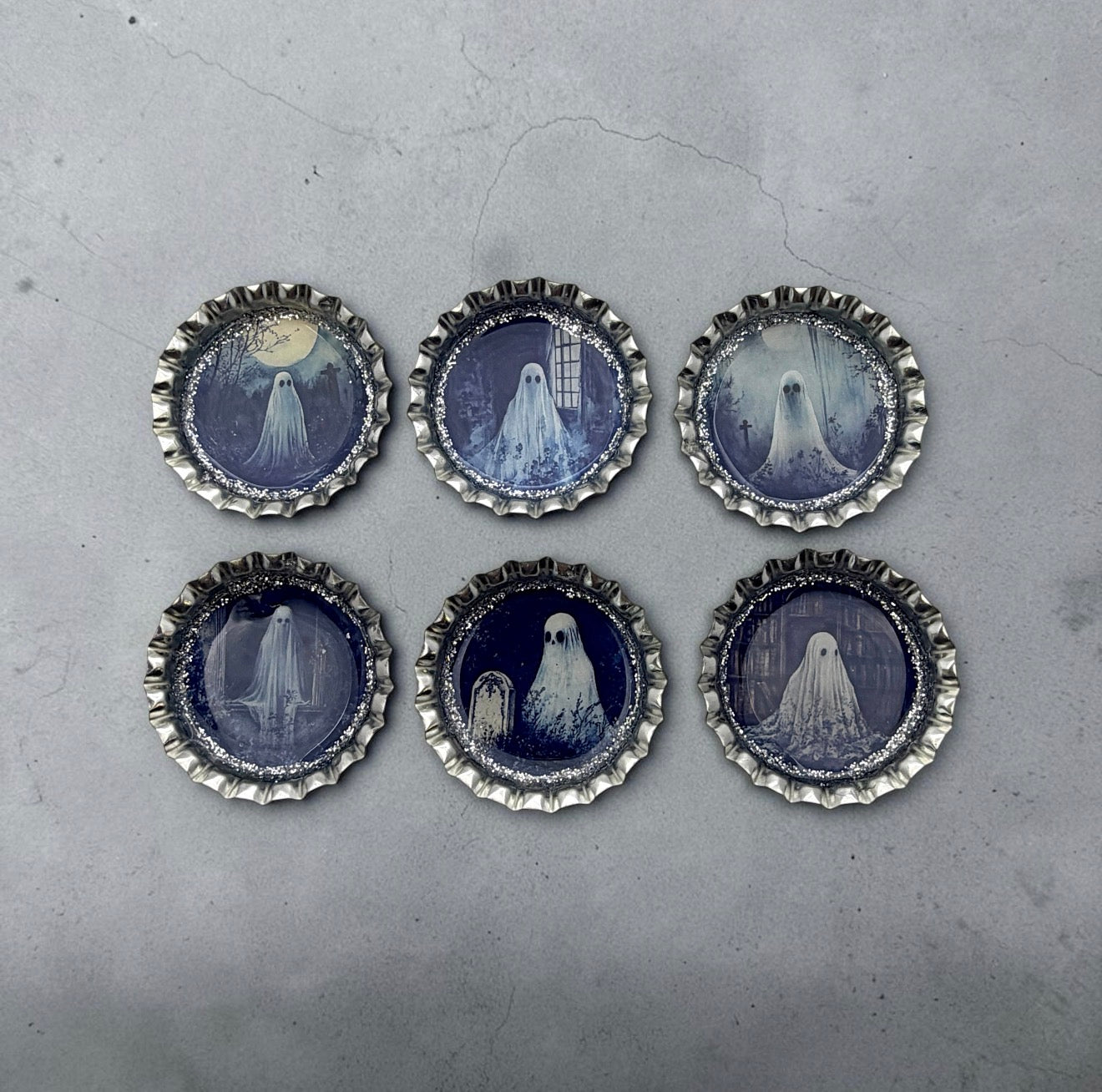 Spooky Ghost Bottle Cap Magnet Set