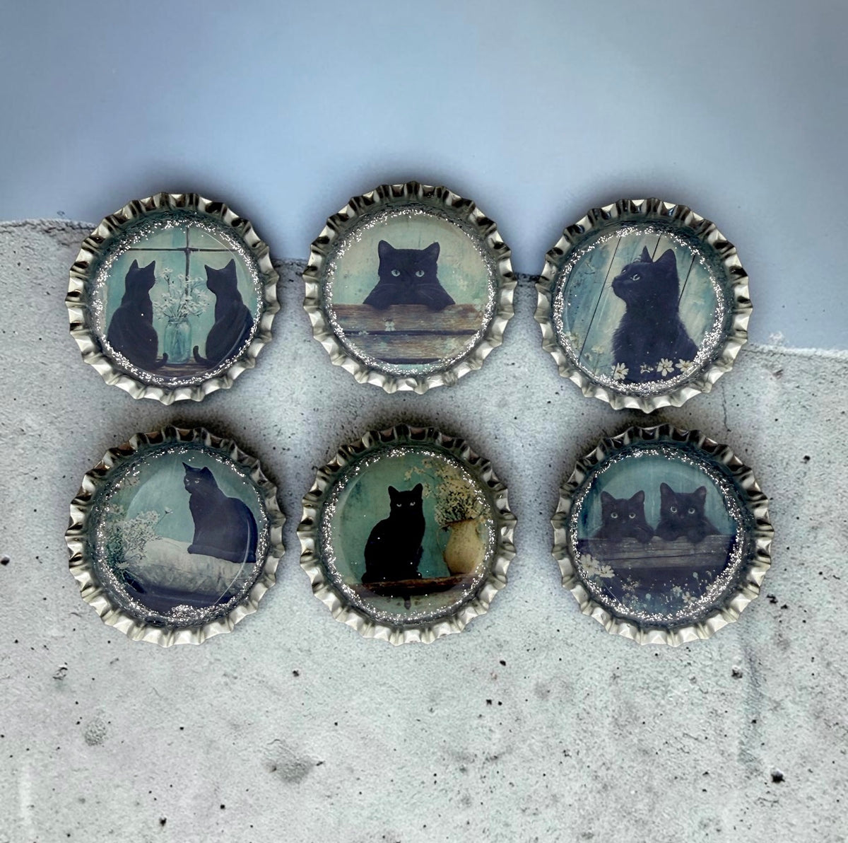 Vintage Black Cat Bottle Cap Magnets