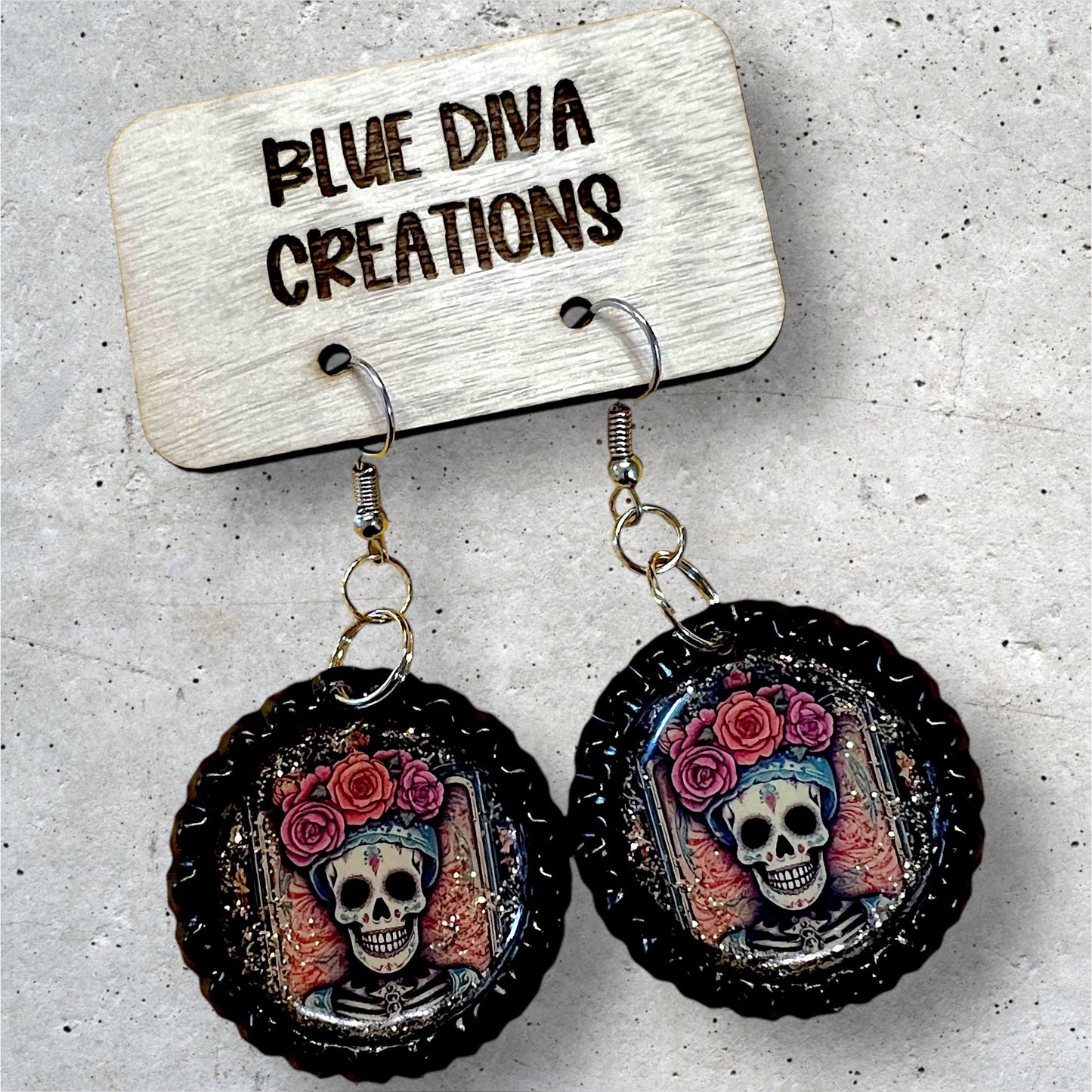 Skull Woman Day of the Dead Muertos Bottle Cap Earrings