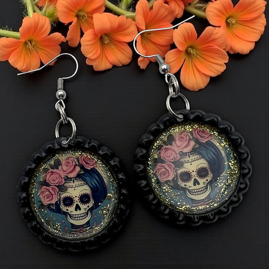 Sugar Skull Bottle Cap Earrings – Pink Rose Glitter Dangle | Día de los Muertos Jewelry