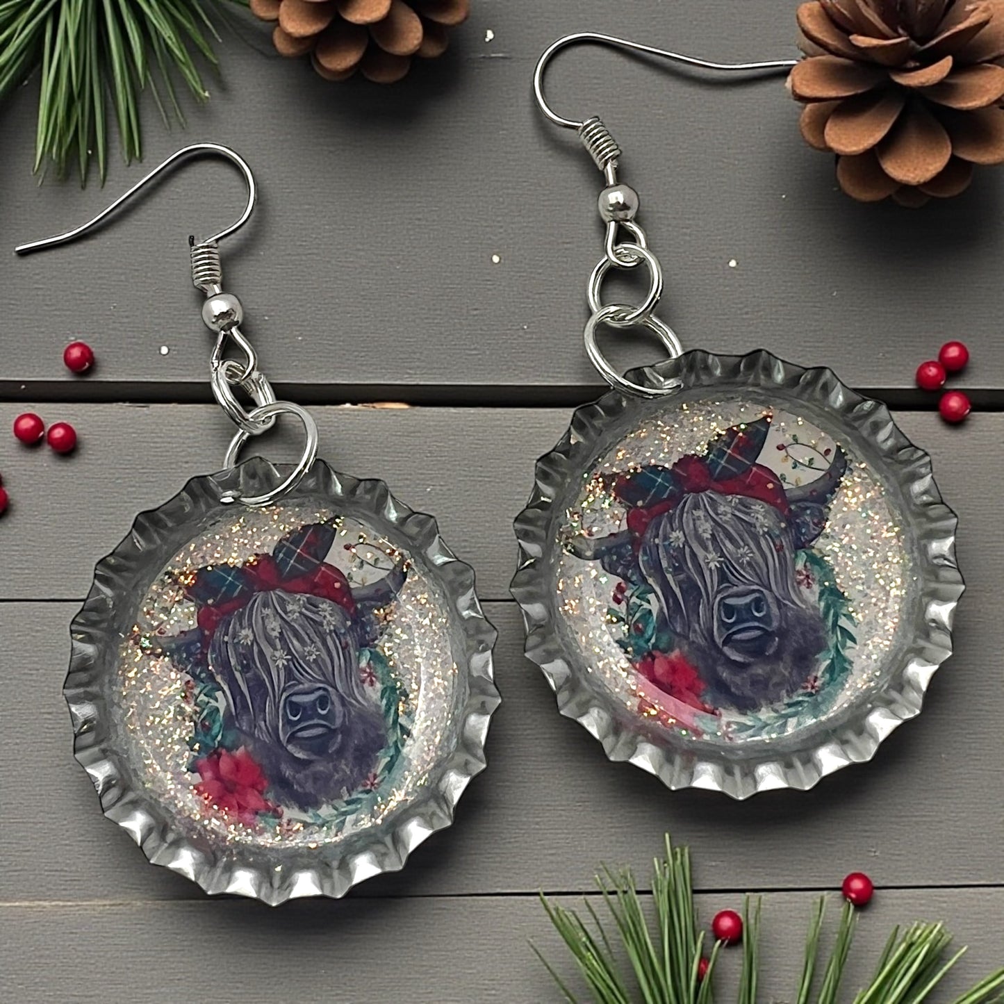 Christmas Highland Cow Bottle Cap Earrings