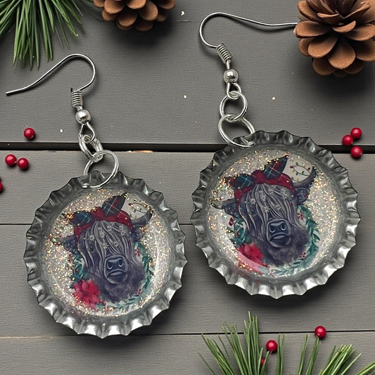 Christmas Highland Cow Bottle Cap Earrings