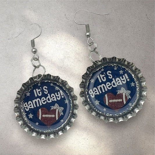 Blue Silver Game Day Football Bottle Cap Earrings