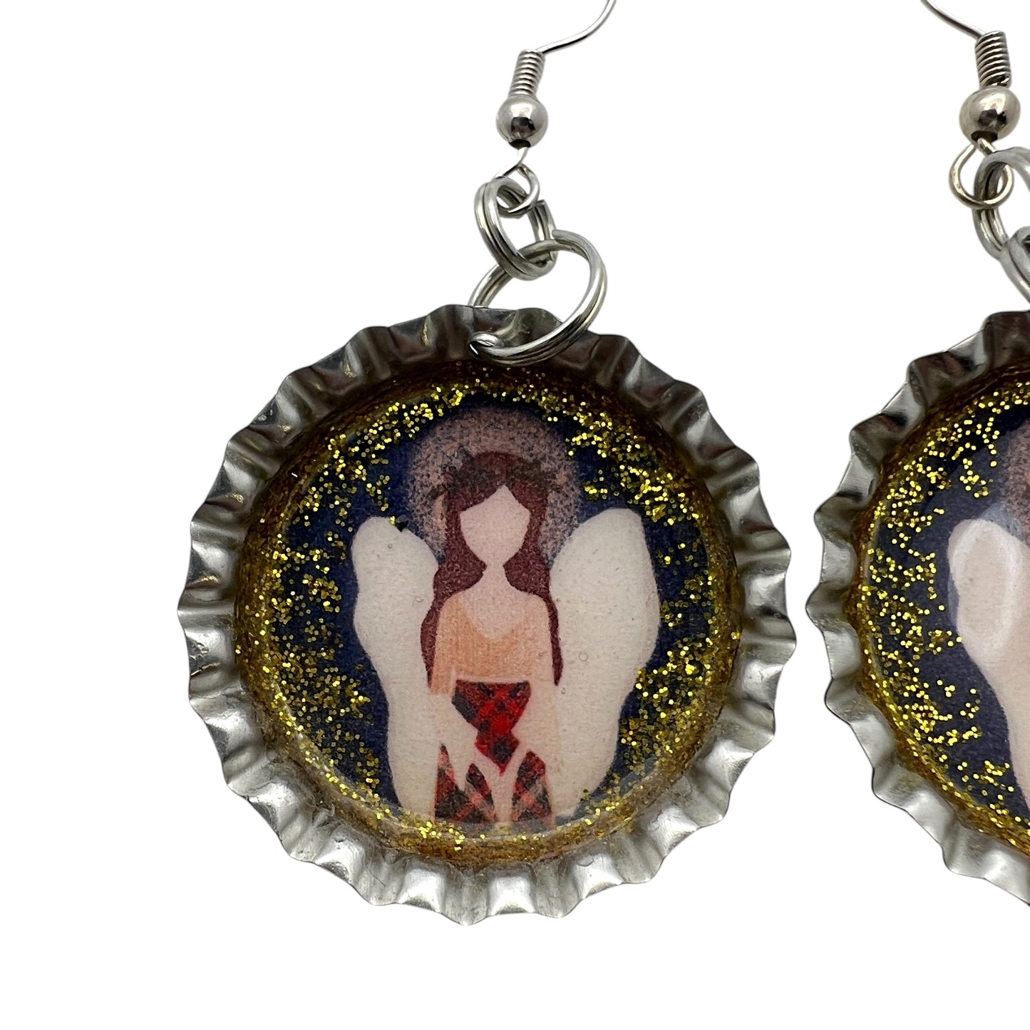 Angel Bottle Cap Earrings – Gold Glitter Resin Guardian Angel Dangle Earrings