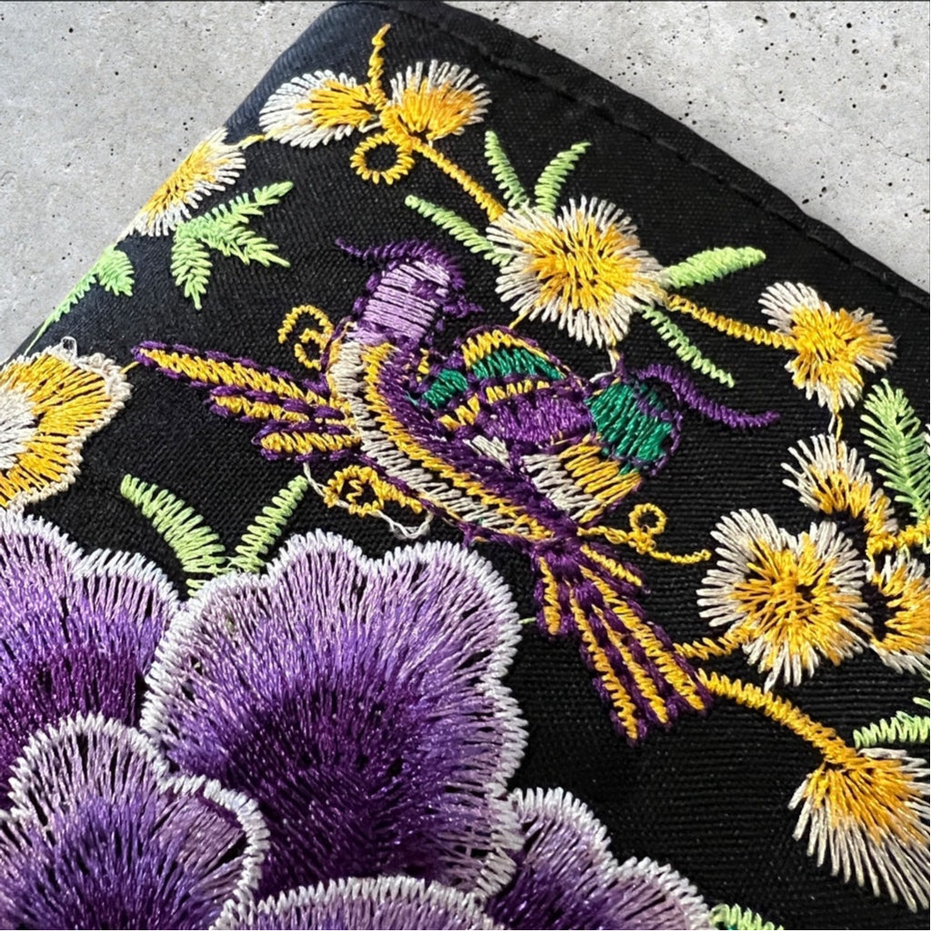 Purple Embroidered Floral Black 8x4 Zip Around Wallet