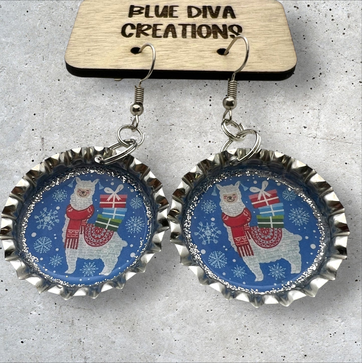 Festive Christmas Llama Bottle Cap Earrings