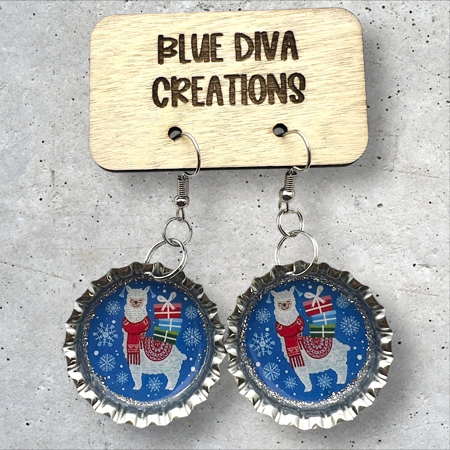 Festive Christmas Llama Bottle Cap Earrings