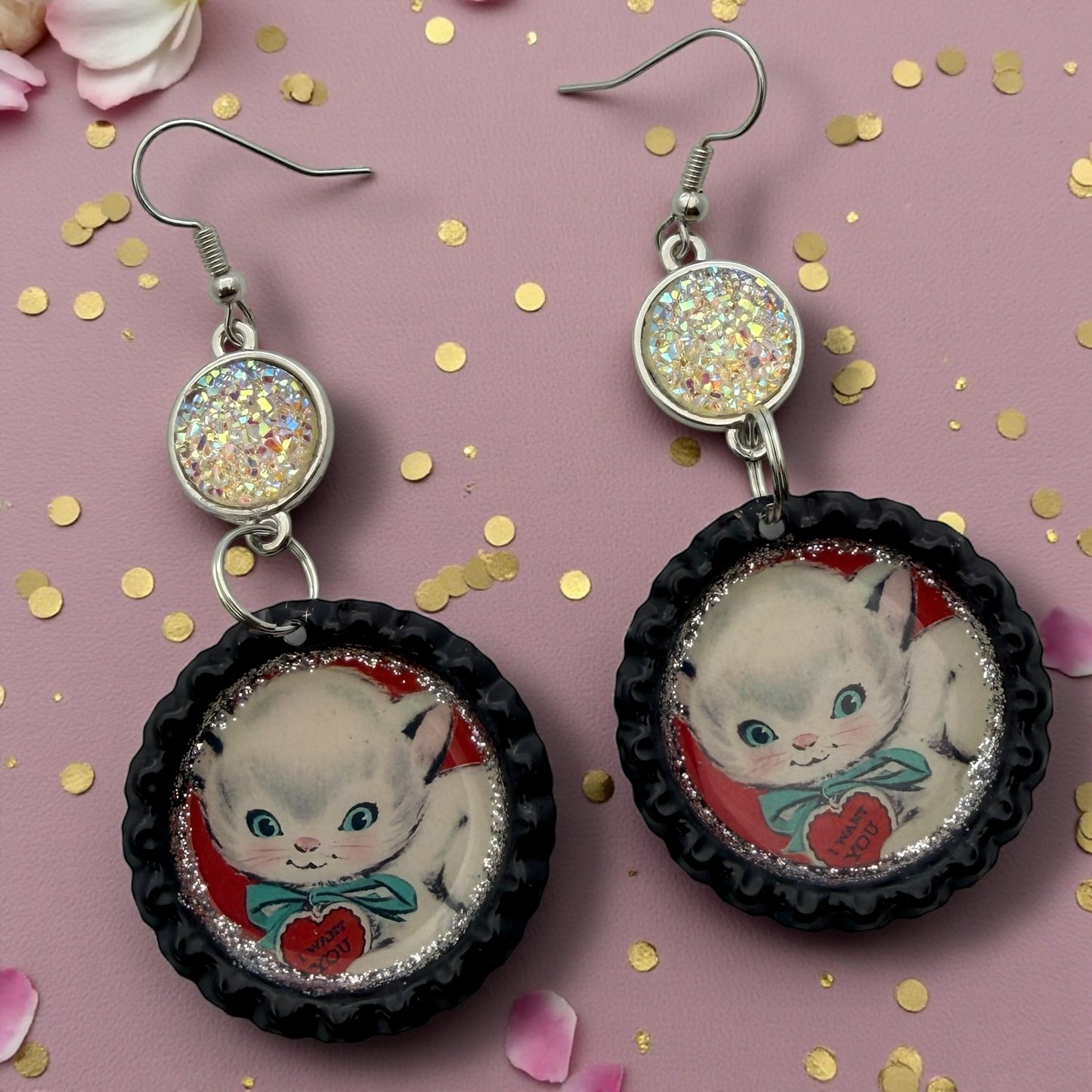 Vintage Valentine Kitten Upcycled Bottle Cap Dangle Earrings
