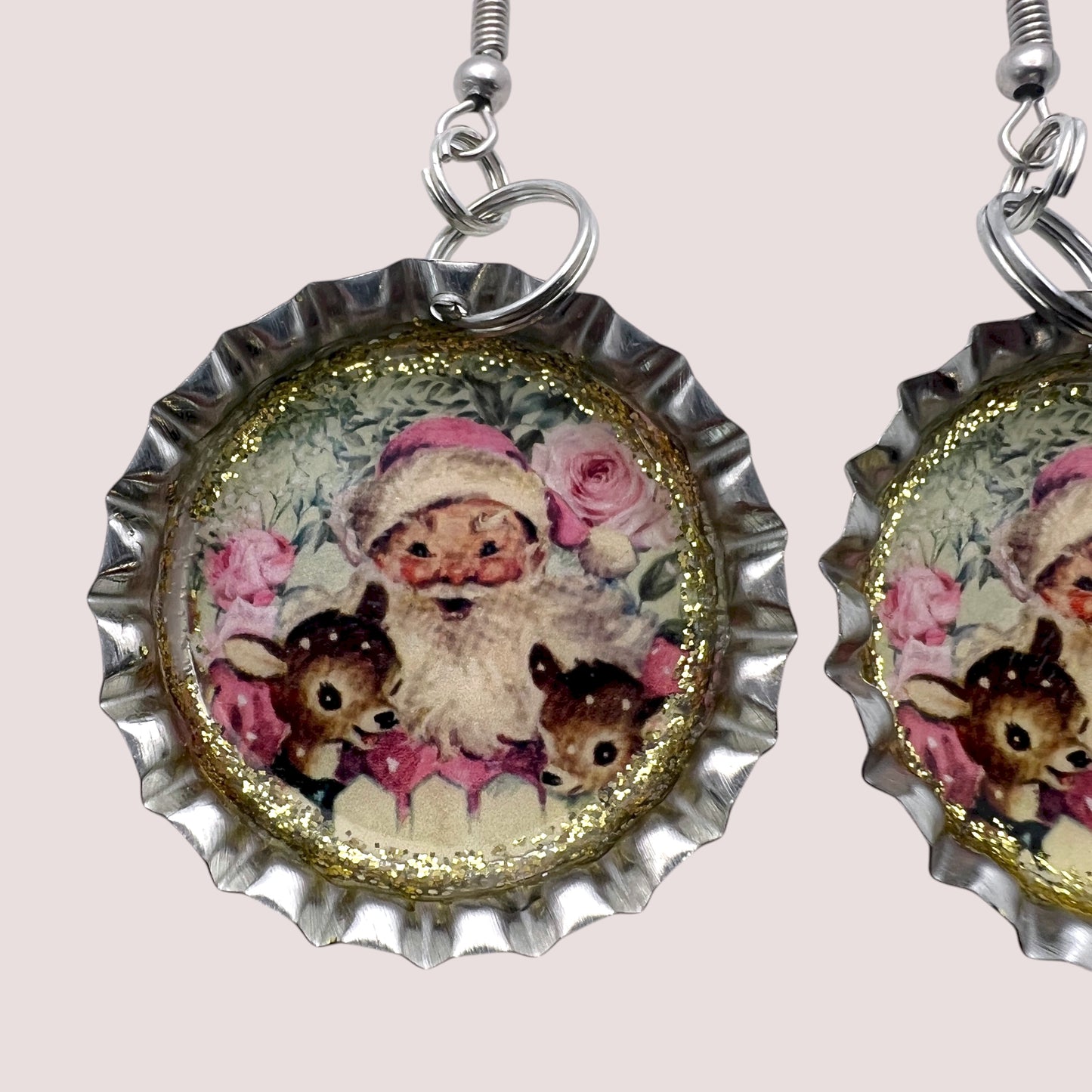 Pink Santa & Reindeer Bottle Cap Earrings