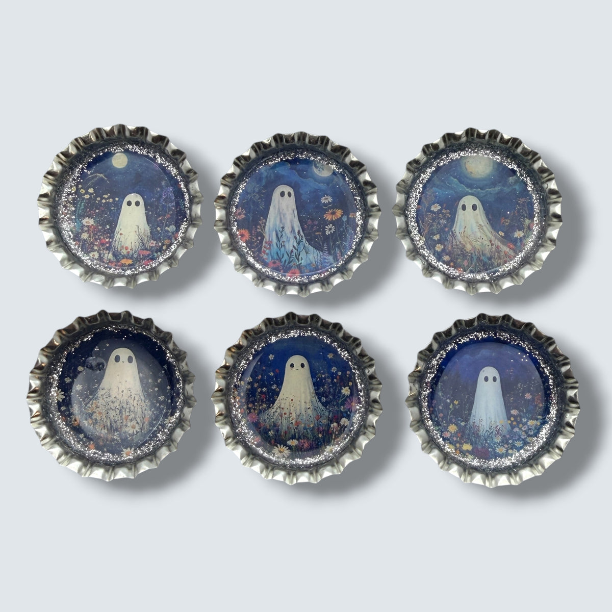 Spooky Floral Ghost Bottle Cap Magnet Set